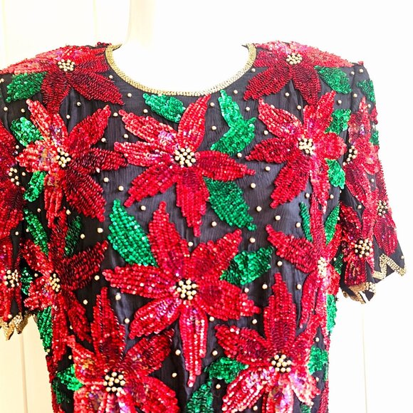 Vtg SCALA Silk Sequin Beaded Christmas Poinsettia Short Sleeve Top EXCELLENT - Picture 3 of 16